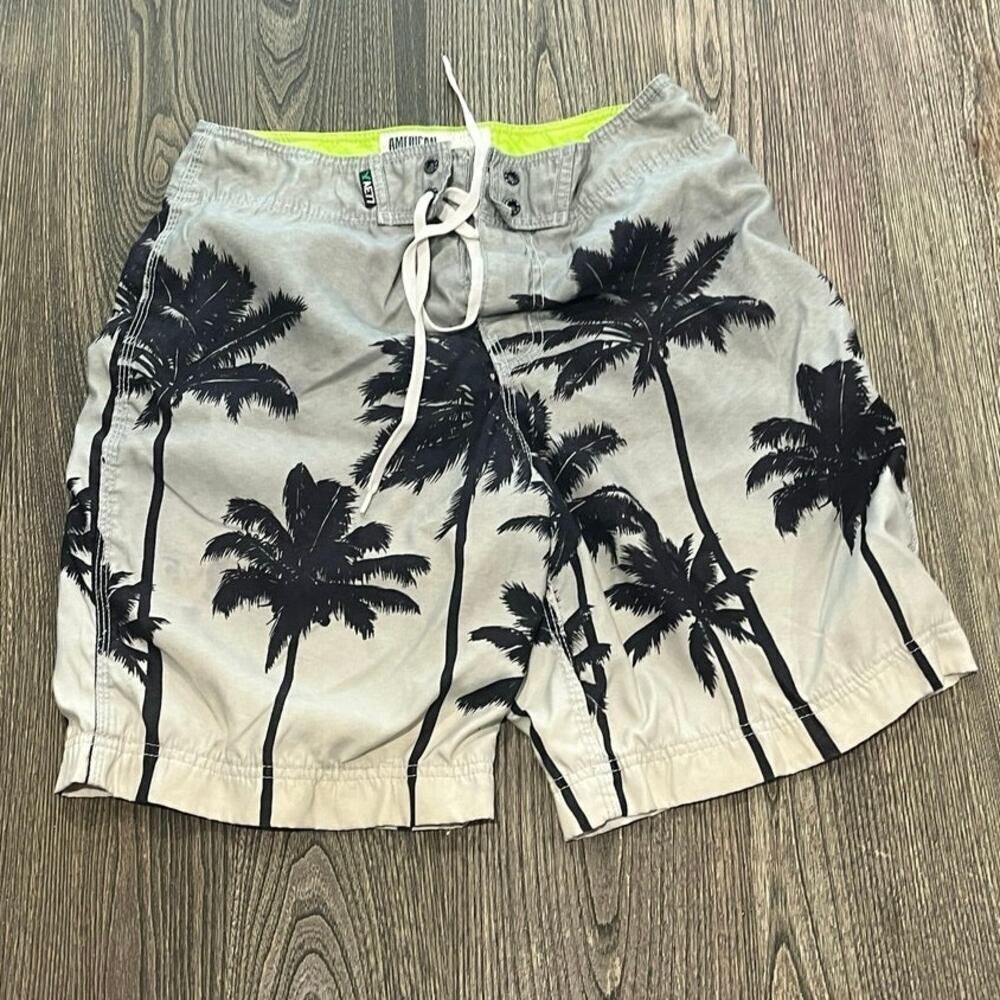 American Eagle Mens AE77 Swim Trunks Board Shorts Palm Trees Gray Blue Size 30